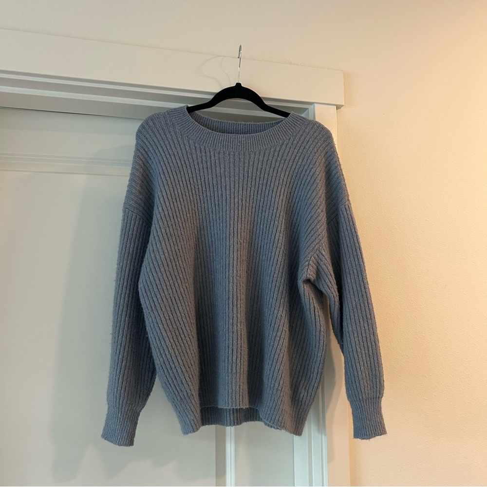 Blue wool blend ribbed knit oversized sweater
